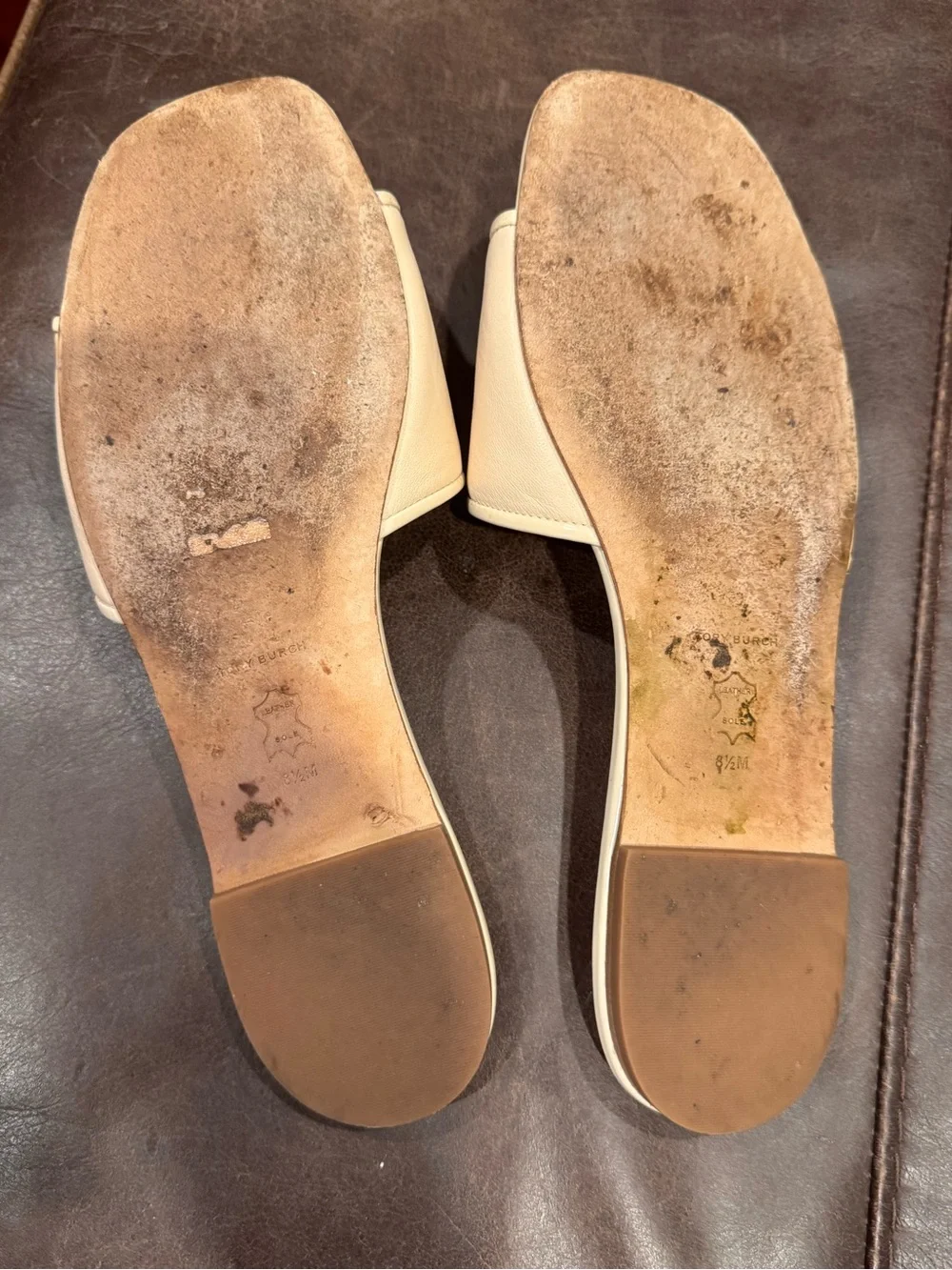 Tory Burch Nude/Cream Leather Slide Sandals with Gold Logo Emblem